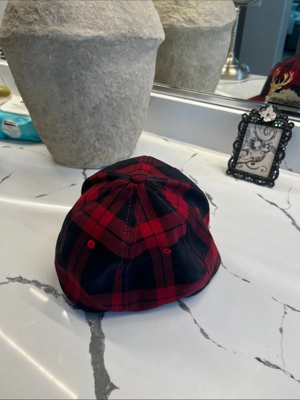Red Plaid Baseball Cap with Gold Deer Emblem
